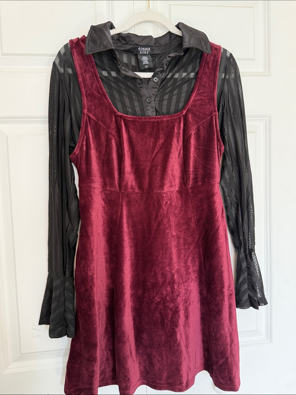 Corsair Wine Velvet Mini Dress with Black Sheer Blouse